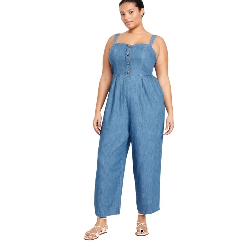 Old Navy Denim Jumpsuit XXL Petite Chambray Button Front Wide Leg Cropped - Picture 1 of 12